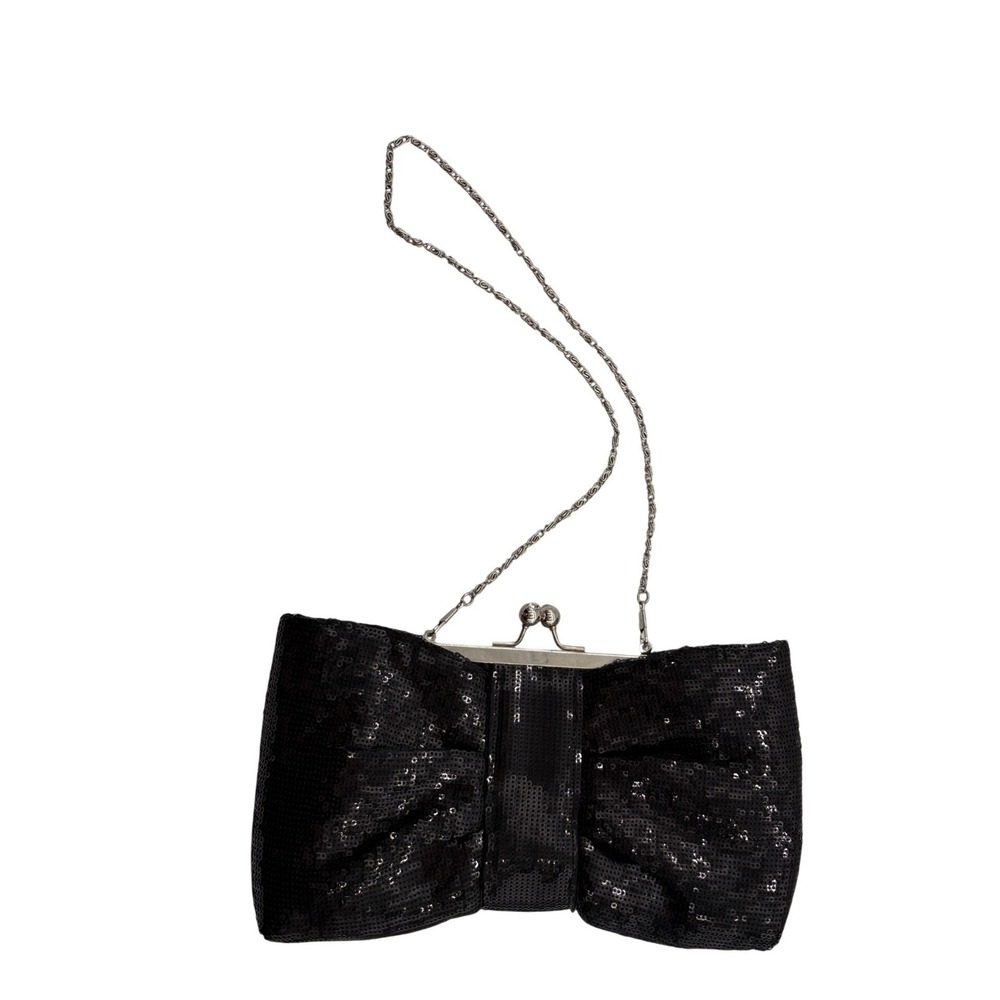 Black Sequin Bow Clutch Evening‎ Bag Kiss Lock Frame Chain Strap Bridal Formal
